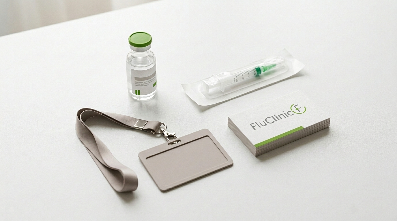 Flu vaccine vial and syringe arranged on a white surface with corporate ID lanyard, representing corporate flu vaccination services as an alternative to CityDoc