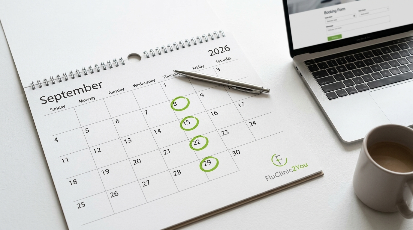 Desk calendar open to September 2026 with dates circled in green, next to a laptop showing a booking form, representing the urgency of booking corporate flu vaccinations ahead of flu season