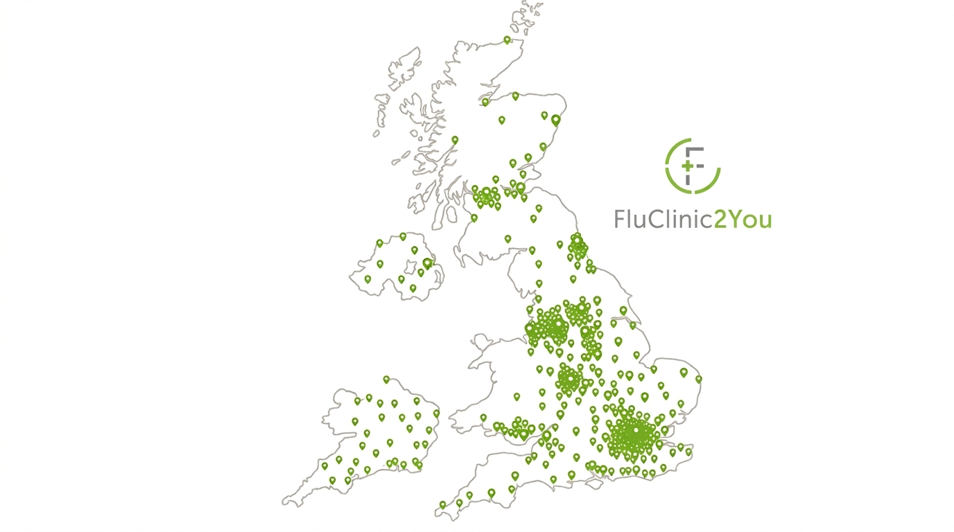 Map of the United Kingdom showing 2,000+ pharmacy locations where FluClinic2You flu vouchers can be redeemed, covering England, Scotland and Wales