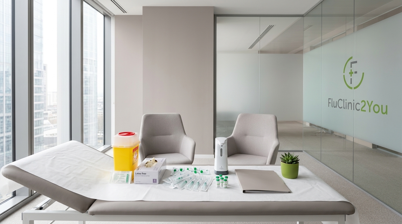 Corporate meeting room prepared for an on-site workplace flu vaccination clinic, with clinical supplies arranged on a table, ready for employees