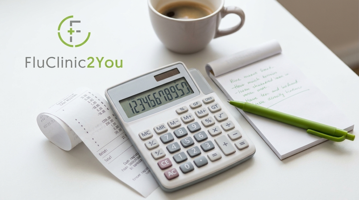 Calculator, receipt, and notepad on a desk, representing the process of calculating the true per-head cost of corporate flu vaccinations including hidden charges