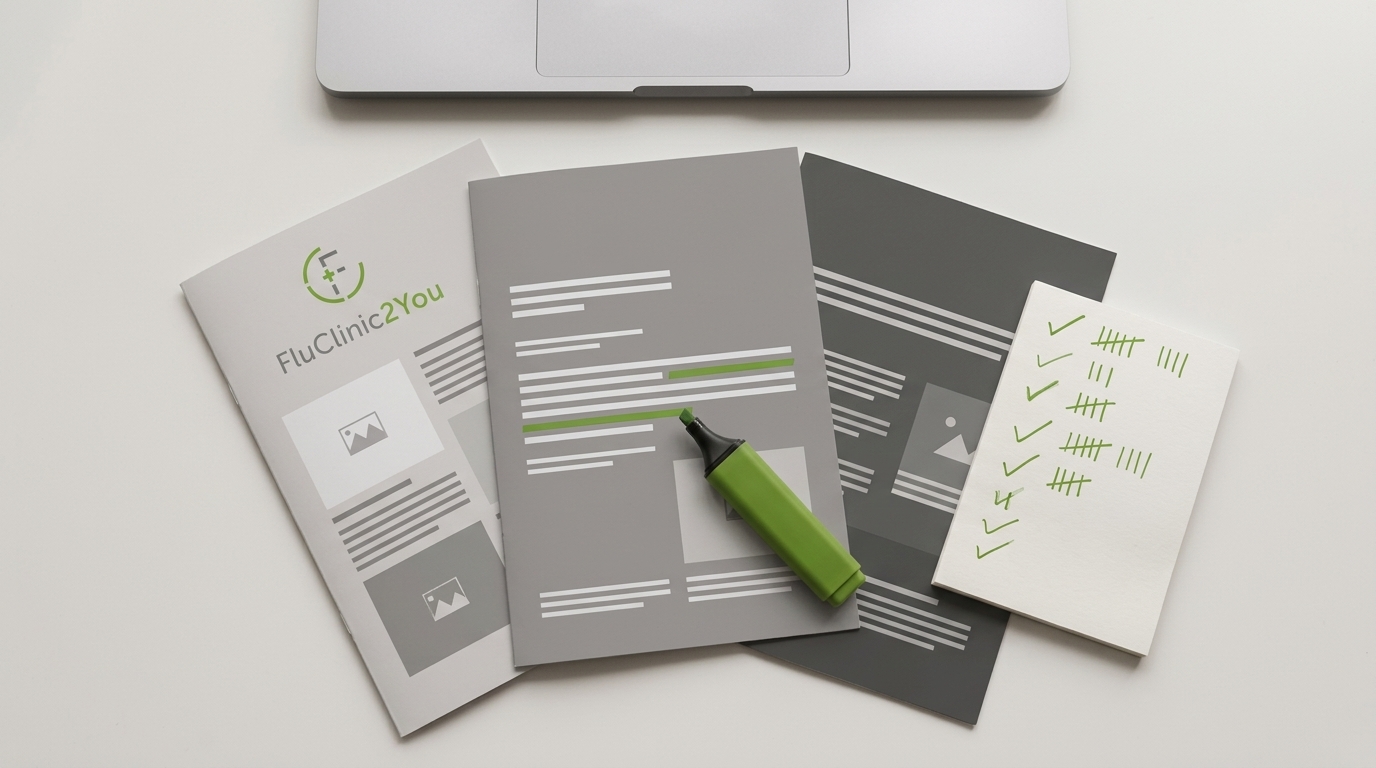 Corporate brochures and highlighter pen on an office desk, representing the process of comparing corporate flu vaccination providers in the UK