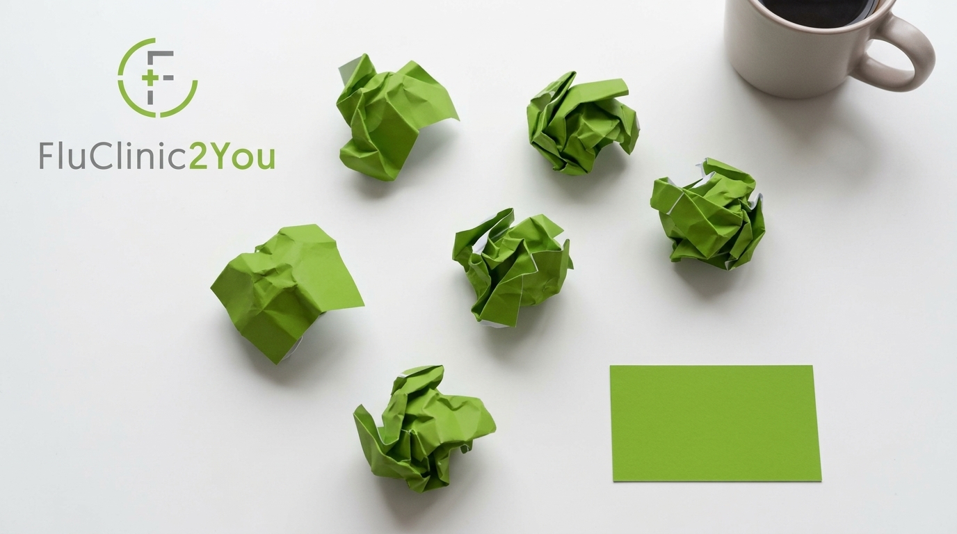 Stack of unused flu vaccination vouchers next to a wastepaper basket, illustrating the cost of pre-paid corporate flu vouchers that employees never redeem