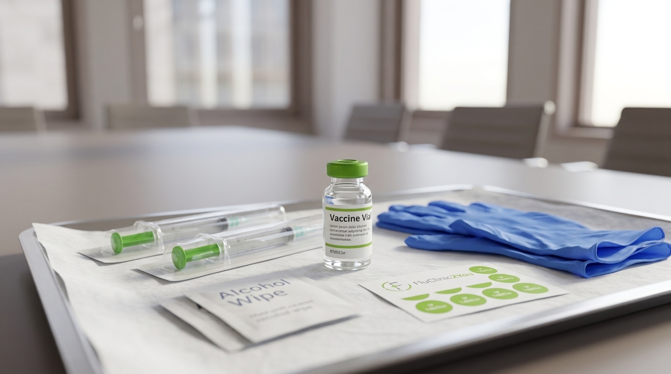 Clinical tray with flu vaccine vial, syringes, and medical supplies prepared for a pharmacist-led on-site workplace flu vaccination clinic