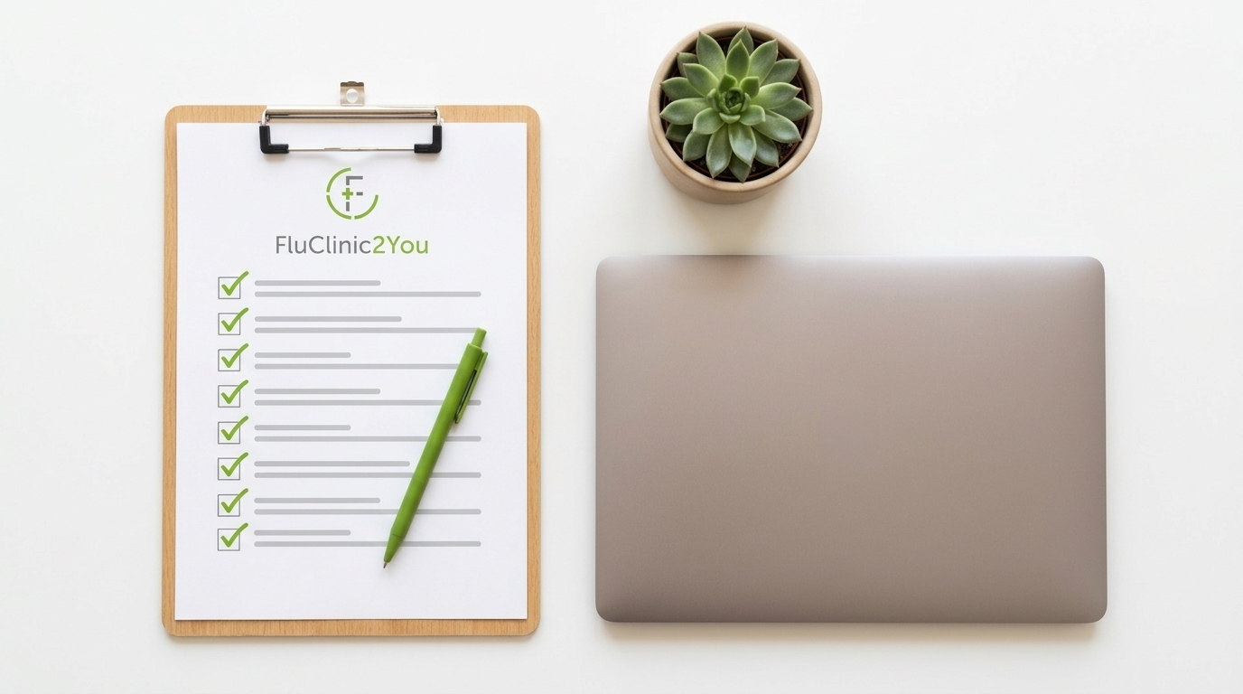 Checklist with green ticks on a clipboard next to a laptop, representing the key questions businesses should ask when choosing a corporate flu vaccination provider
