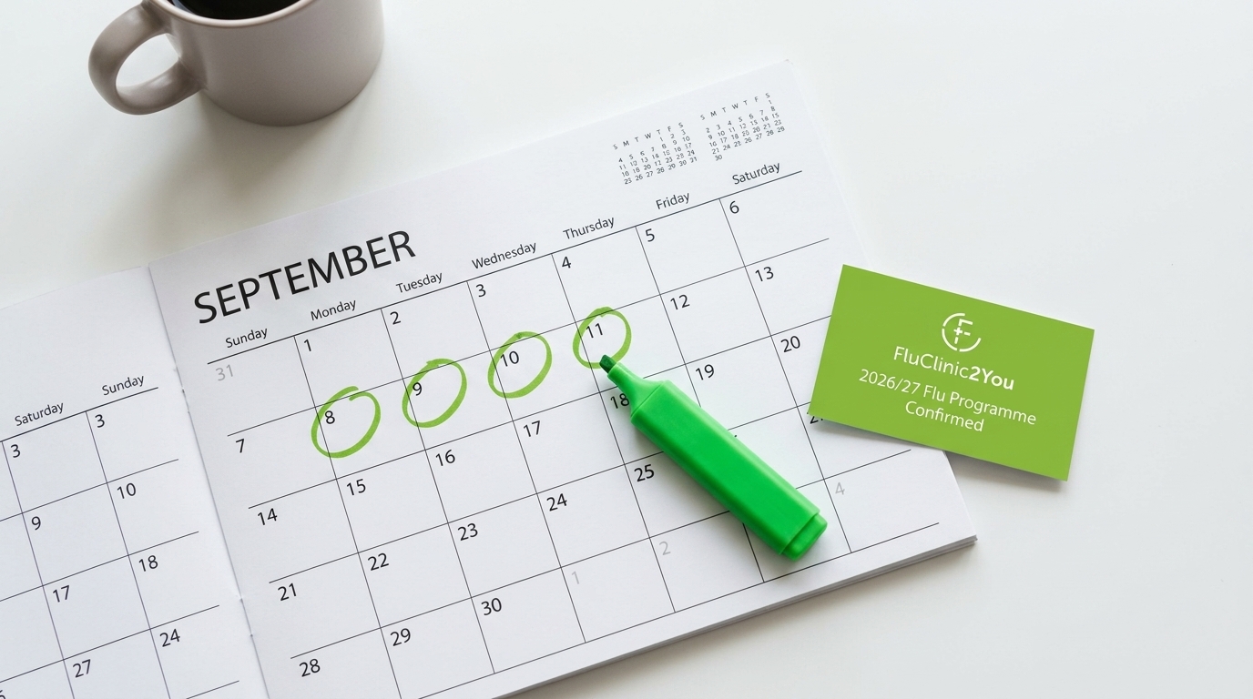 A desk calendar with September dates circled in green alongside a FluClinic2You branded flu programme confirmation card, representing the importance of booking a workplace flu vaccination programme early before the 2026/27 autumn season