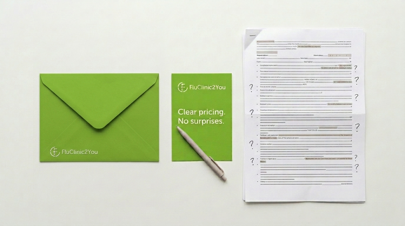 A simple invoice next to a complex multi-page contract on a desk, representing the difference between FluClinic2You transparent pricing and Bupa corporate flu vaccination hidden costs including nurse day rates and VAT