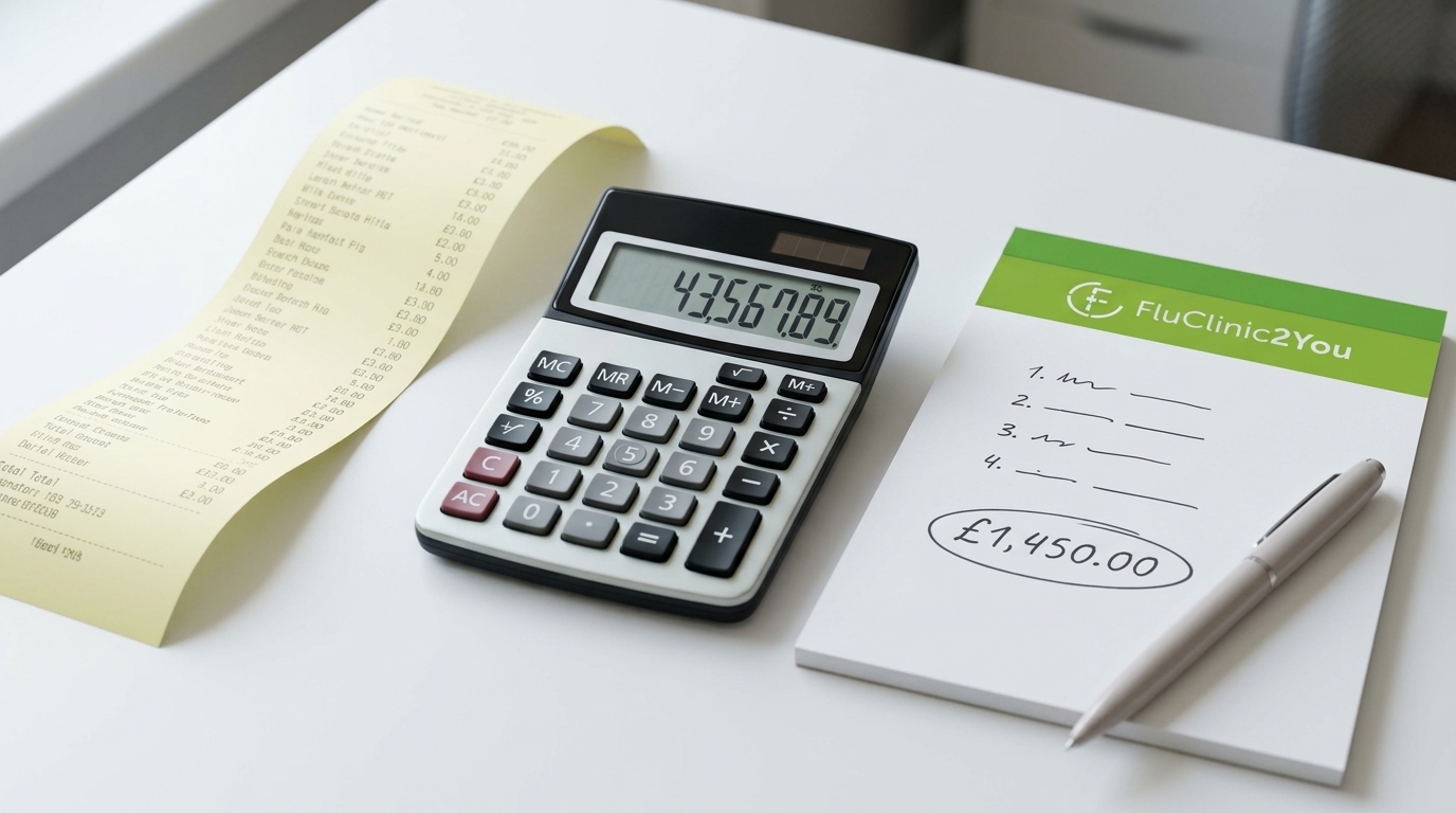 Calculator showing a running total next to a multi-item receipt, representing the true per-head cost of Bupa corporate flu vaccinations when nurse day rates, VAT and travel are added to the headline price