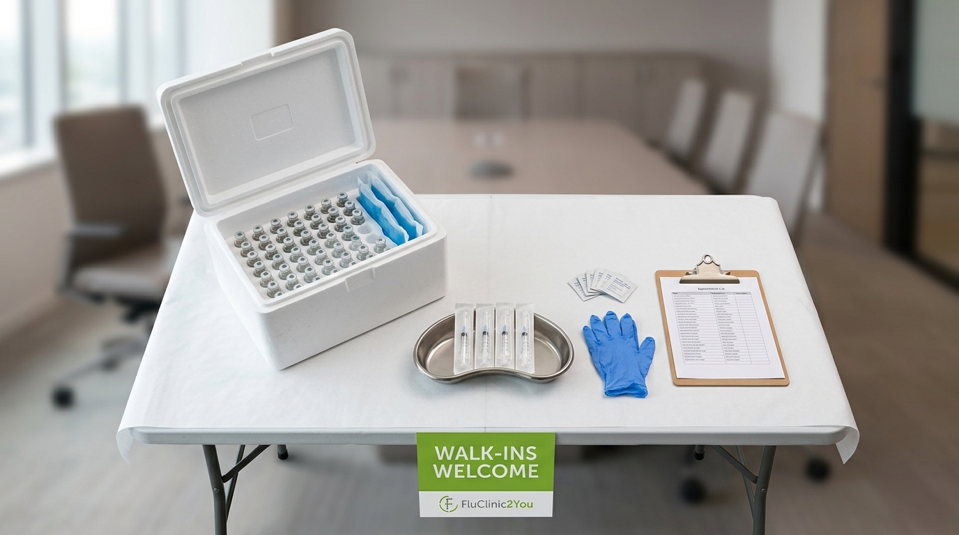 A fully stocked on-site flu vaccination station with a FluClinic2You walk-ins welcome sign, showing the flexible no-fixed-order model that means businesses do not pay for vaccines employees do not use