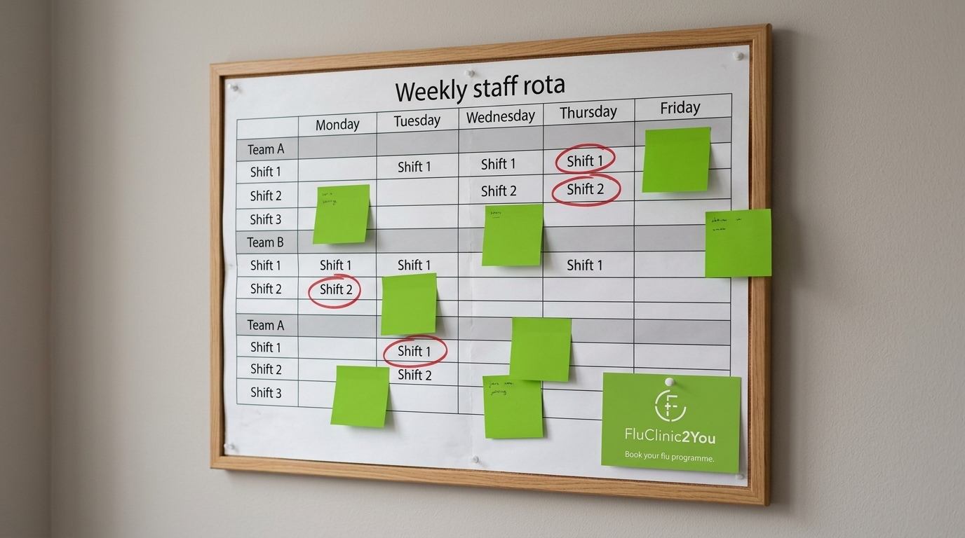 A workplace staff rota board with shift patterns and a FluClinic2You booking reminder, representing the impact of the 2026 SSP day-one changes on employers with shift workers, part-time staff and high staff turnover