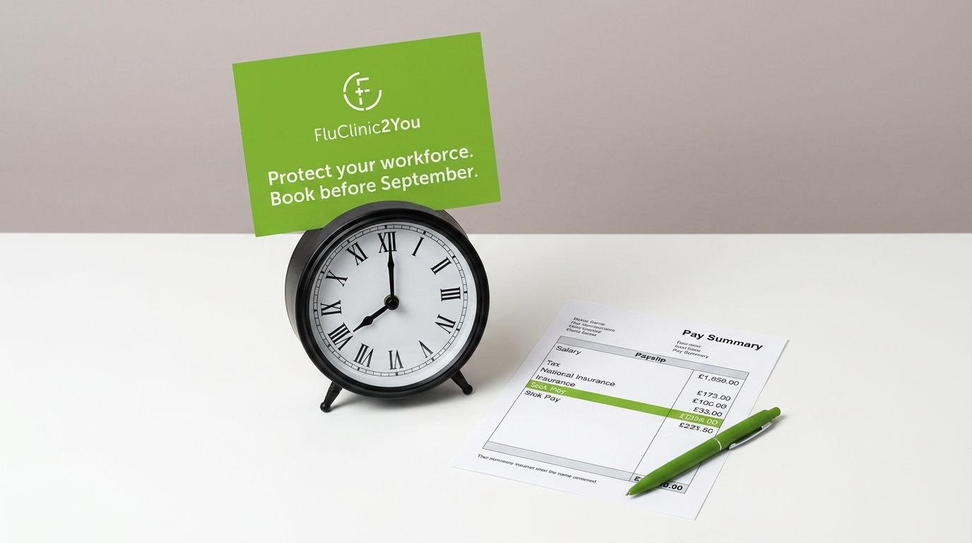 A desk clock and highlighted payslip showing sick pay costs, with a FluClinic2You branded card, representing how the April 2026 SSP day-one changes mean every flu absence now hits employer payroll immediately