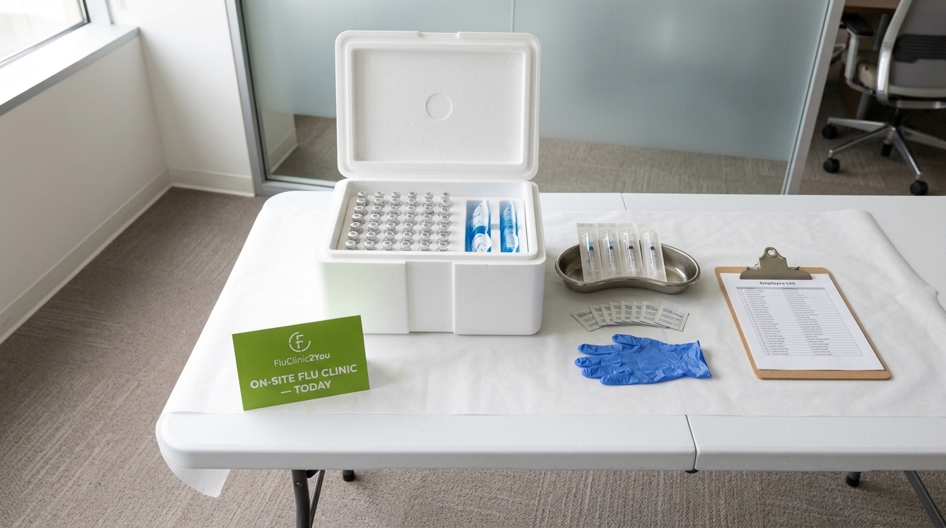 A fully prepared FluClinic2You on-site flu vaccination station in a corporate meeting room, representing how workplace flu vaccination programmes reduce flu absences and the associated SSP costs under the 2026 Employment Rights Act changes