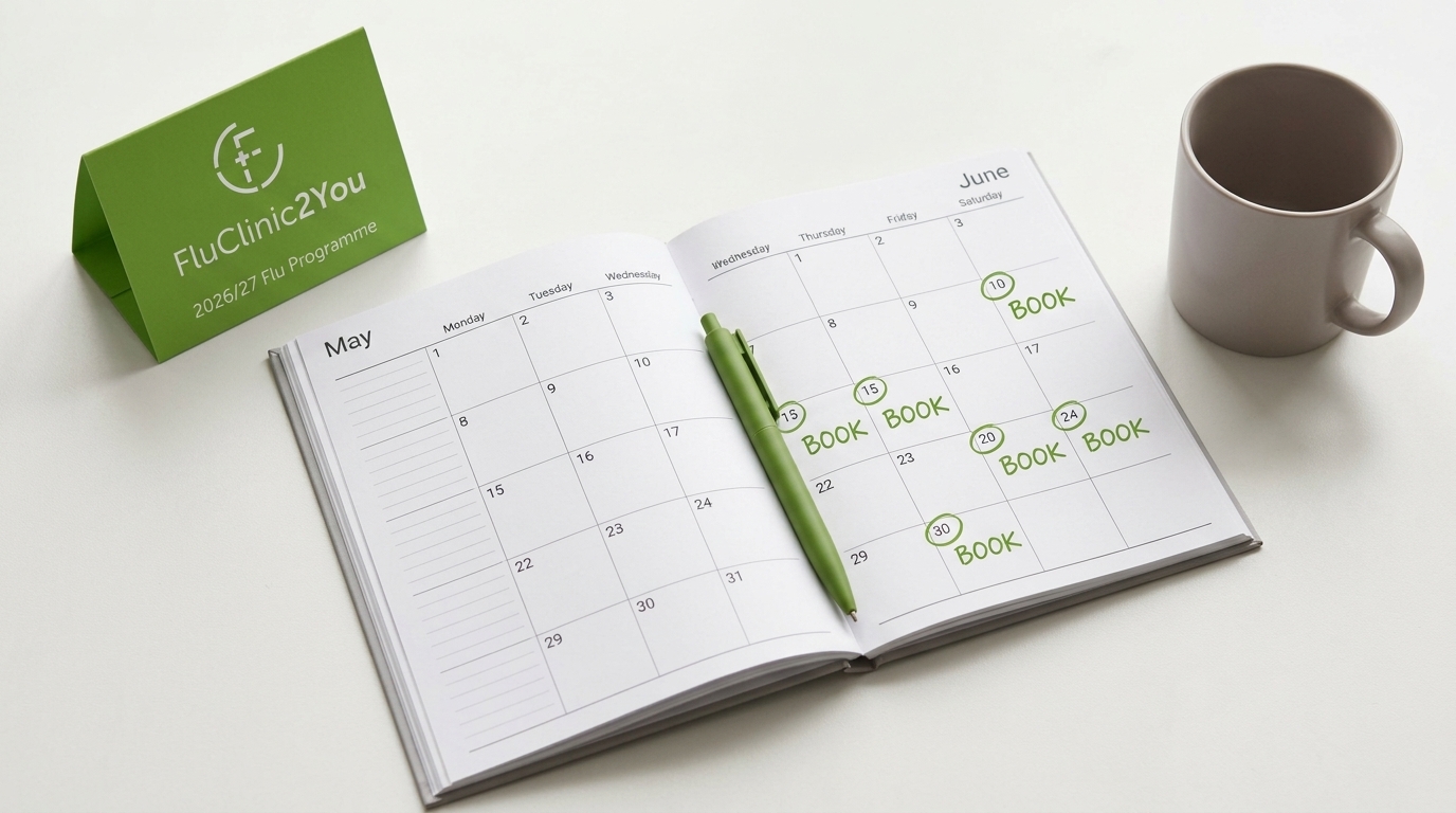 Flu Jabs for Employees 2026/27 – HR Manager Planning and Booking Guide A diary open to May and June with dates circled in green and a FluClinic2You 2026/27 flu programme tent card, representing how HR managers should book employee flu vaccinations early before the autumn season