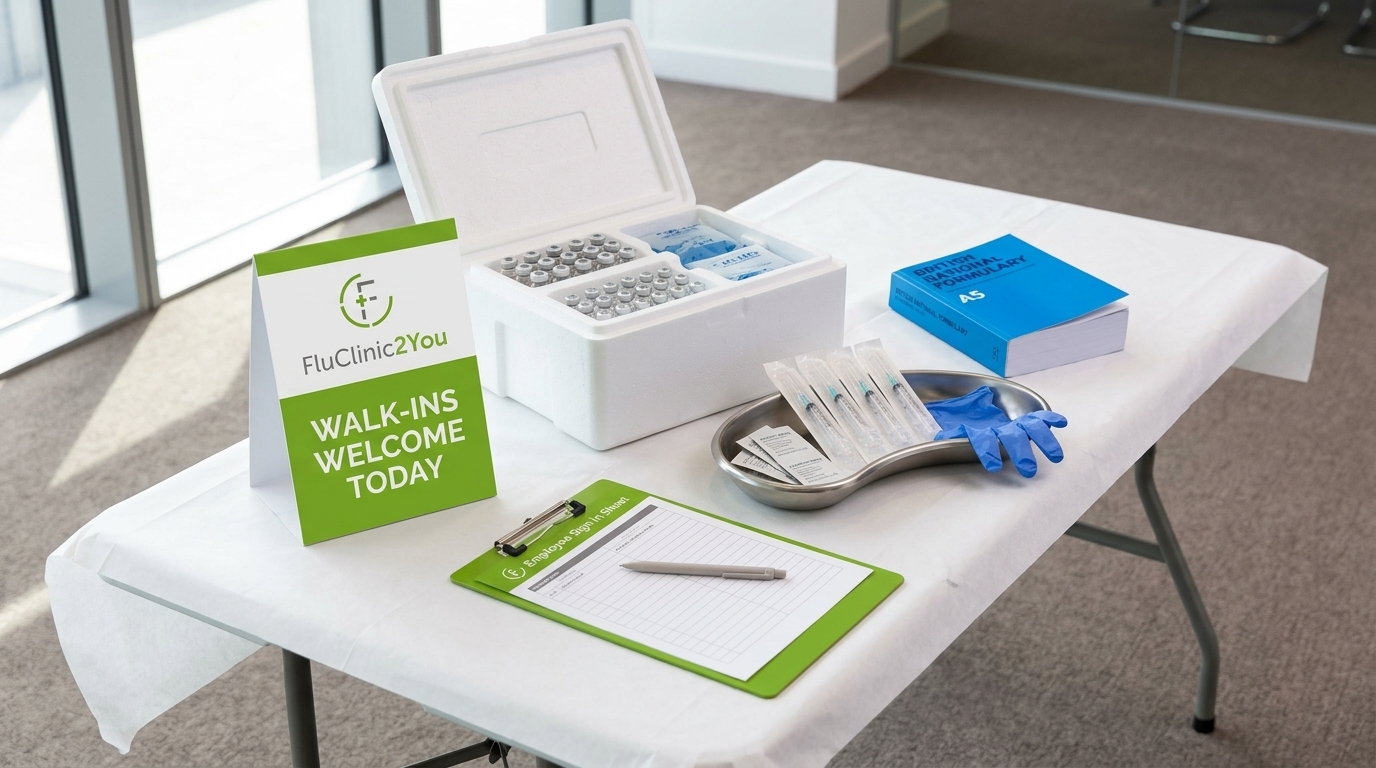 FluClinic2You On-Site Flu Clinic for Employees – Pharmacist-Led Workplace Vaccination Station A FluClinic2You branded on-site flu vaccination station in a corporate meeting room with clinical equipment, walk-ins welcome sign, and British National Formulary, representing the pharmacist-led employee flu jab service