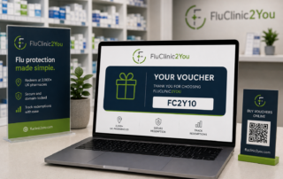 FluClinic2You digital flu vaccination voucher displayed on a laptop at a UK pharmacy counter with flu vaccine branding and online booking.