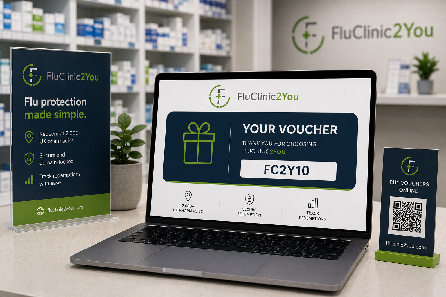 Laptop Open FluClinic2You digital flu vaccination voucher displayed on a laptop at a UK pharmacy counter with flu vaccine branding and online booking.