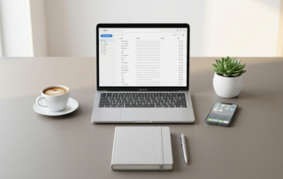 Buy flu vouchers for your staff: modern corporate office desk with laptop and coffee