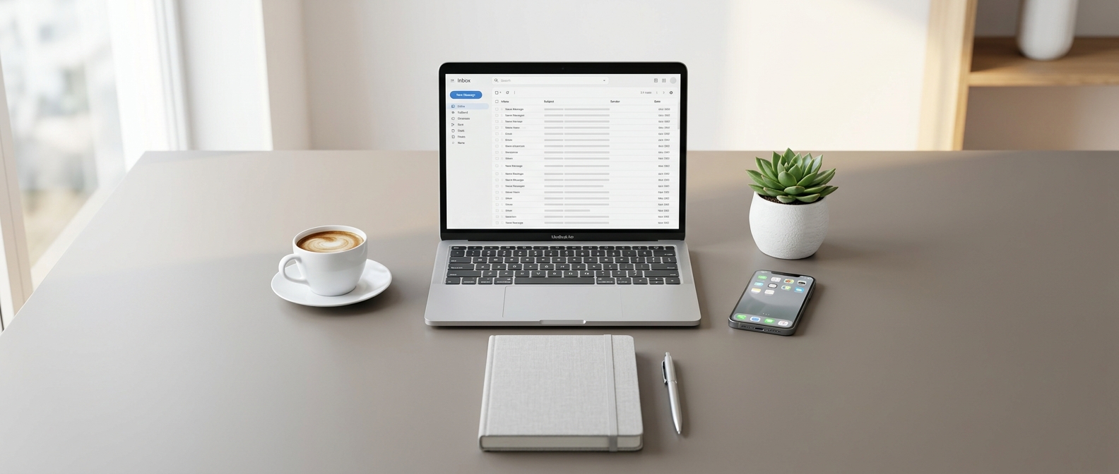 Buy flu vouchers for staff – corporate desk flat-lay Buy flu vouchers for your staff: modern corporate office desk with laptop and coffee