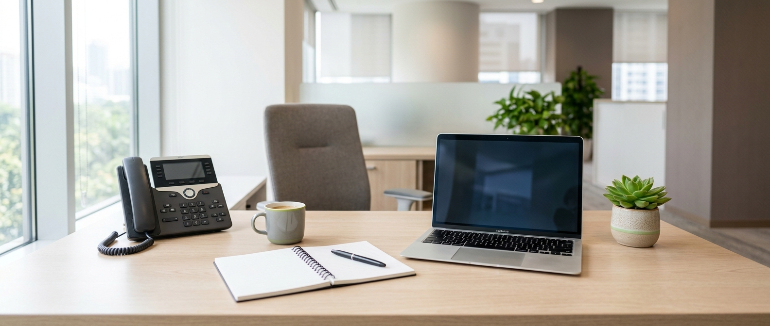 Employer arranging staff flu jabs: modern office manager's desk with laptop and phone