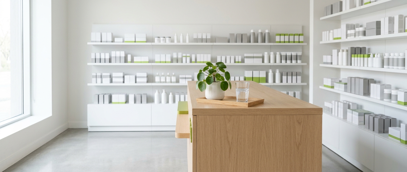 Redeeming a flu voucher at a participating pharmacy: clean modern pharmacy counter and shelves