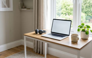 Flu vouchers for remote and hybrid teams: a home-working desk with a laptop and headset by a window