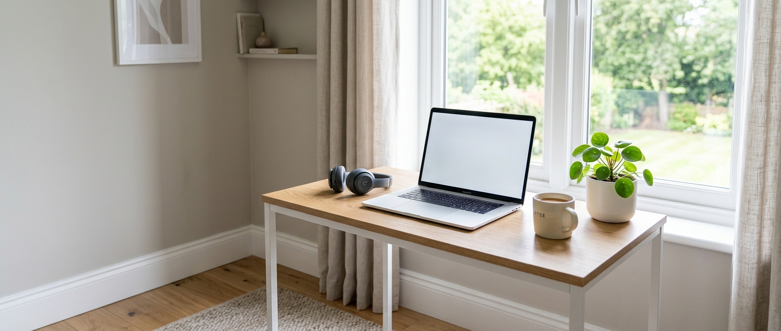 Flu vouchers for remote and hybrid teams: a home-working desk with a laptop and headset by a window