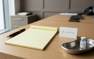 A blank legal notepad, pen and a single vaccine vial on a tidy desk, representing flu vaccination cover for law firm staff with unpredictable schedules for FluClinic2You