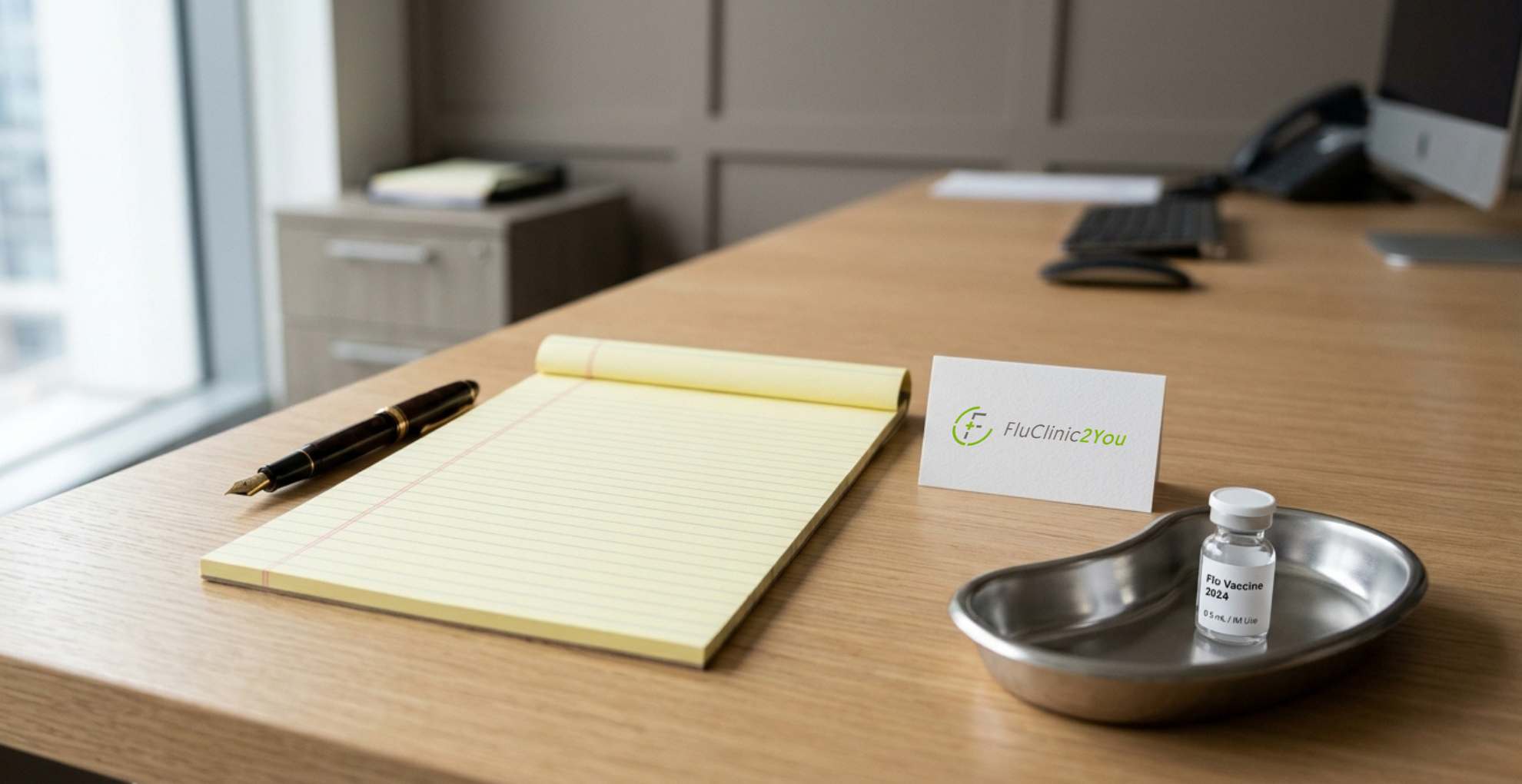 Flu vouchers for law firms – desk scene A blank legal notepad, pen and a single vaccine vial on a tidy desk, representing flu vaccination cover for law firm staff with unpredictable schedules for FluClinic2You