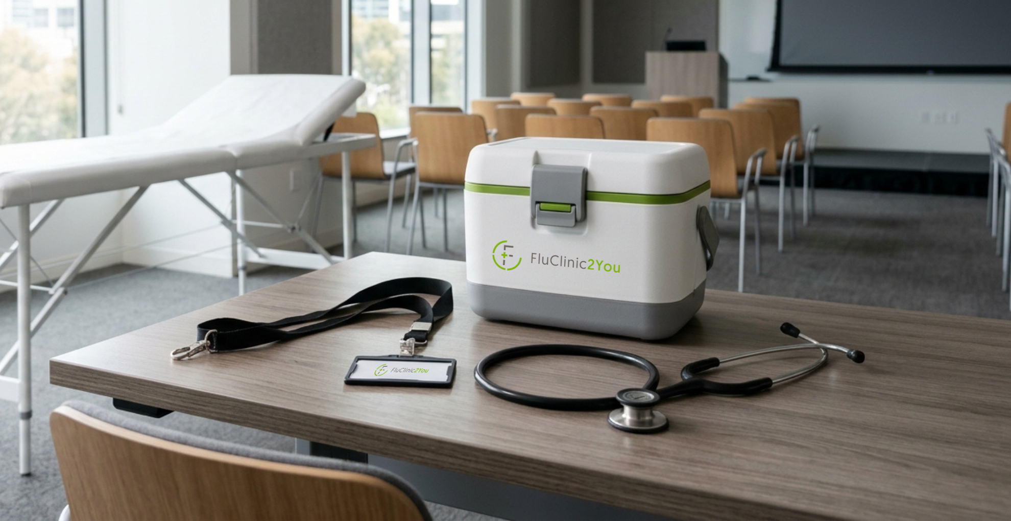 A clinic table, vaccine cooler box and stethoscope beside a staff lanyard, representing an on-site flu vaccination clinic for university staff, FluClinic2You