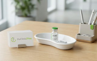A small stack of appointment cards and a single vaccine vial on a tidy desk, representing a small business ordering just a handful of flu vaccination vouchers for FluClinic2You