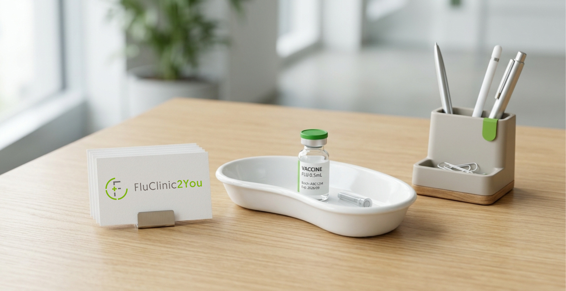 Untitled design (1) A small stack of appointment cards and a single vaccine vial on a tidy desk, representing a small business ordering just a handful of flu vaccination vouchers for FluClinic2You