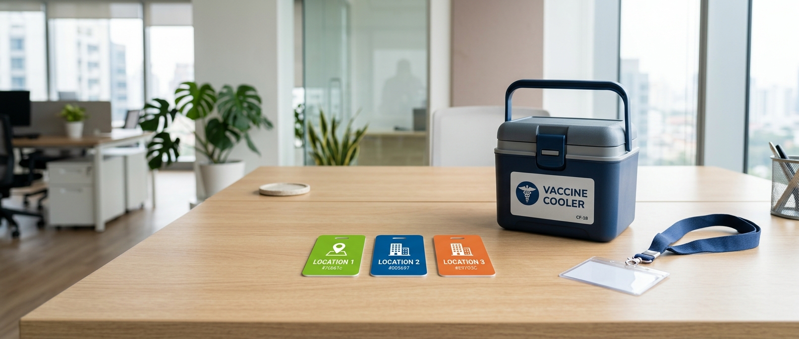 Colour-coded location tags, a vaccine cooler box and a company lanyard on a tidy desk, representing flu vaccination coverage across multiple business sites for FluClinic2You.