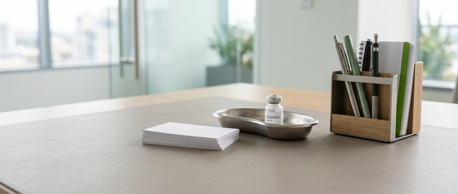 A small stack of appointment cards and a single vaccine vial on a tidy desk, representing a small business ordering just a handful of flu vaccination vouchers for FluClinic2You.