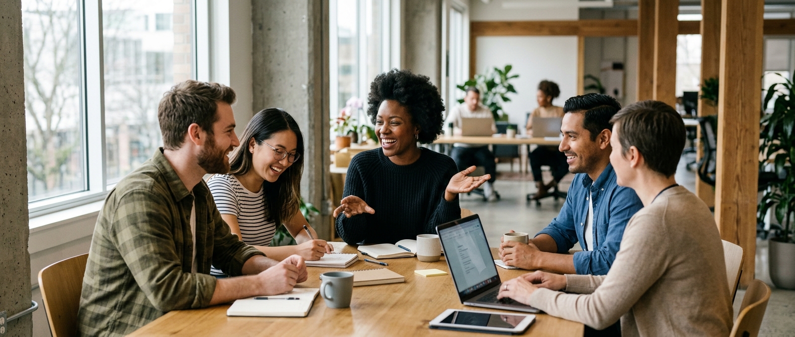 Colleagues collaborating in a bright modern workplace