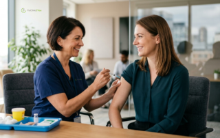 Pharmacist delivering an on-site flu vaccination in the 2026/27 season, FluClinic2You