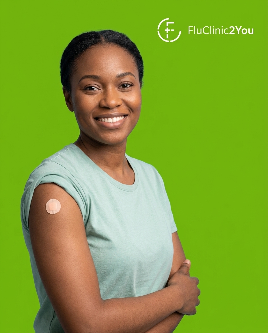 Smiling employee with a plaster on her arm after her flu jab, FluClinic2You